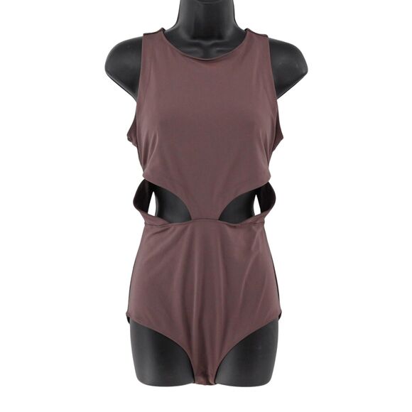 FREE PEOPLE Bodysuit Womens Size M Maroon Cutout Side Round Neck Movement Zip‎ - Picture 1 of 12